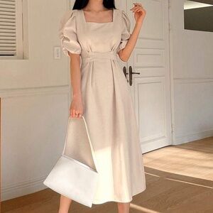 Elegant Cream Puff Sleeve Dress